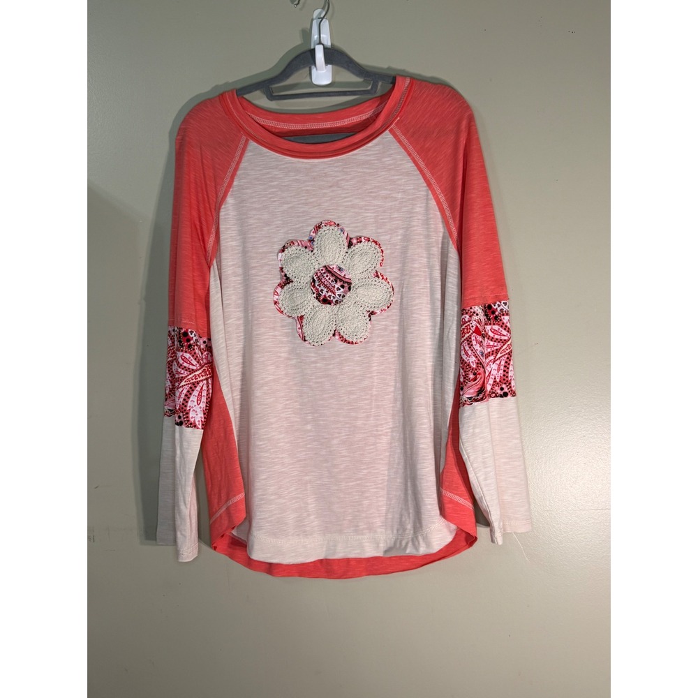 Coral Cream Raglan Long Sleeve Top Crochet Flower Paisley Accent Plus 1XL